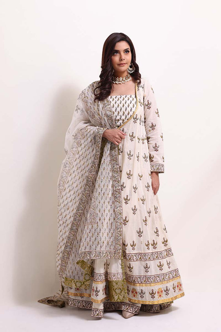 Off-white Angarkha set with tilla, sequins, and matching Dhaka & dupatta