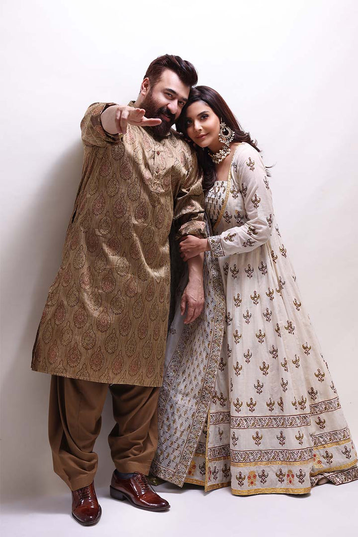 Off-white Angarkha set with tilla, sequins, and matching Dhaka & dupatta