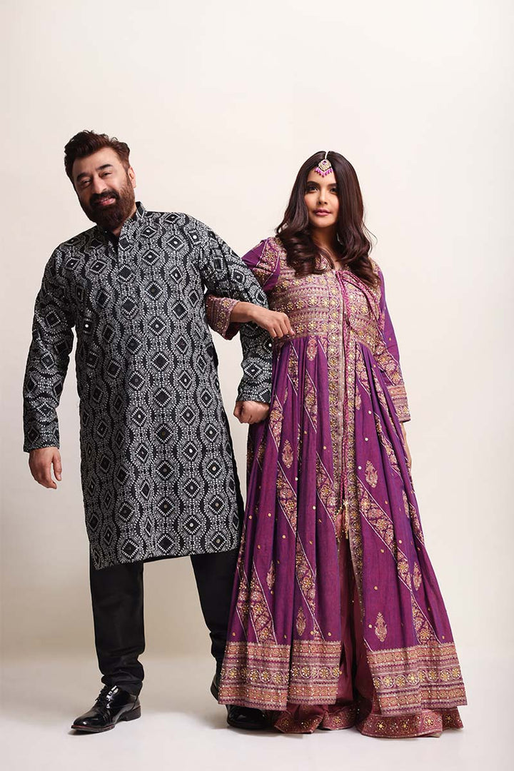 Fuschia pink front-open Anarkali with block print, tilla, mirror, and sequin work.