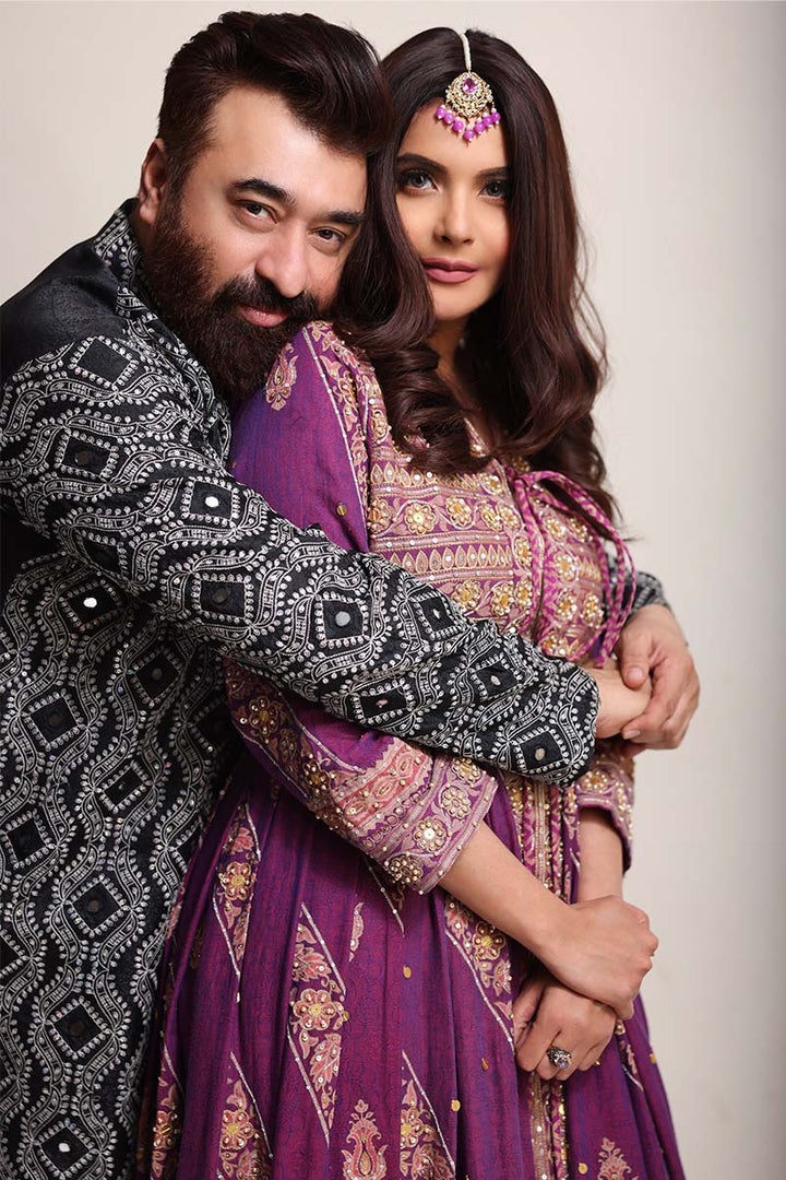 Fuschia pink front-open Anarkali with block print, tilla, mirror, and sequin work.