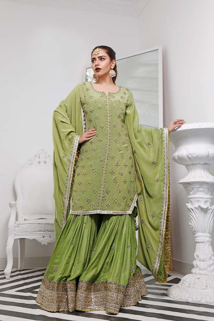 Pistachio, mehndi & mustard shirt set with tilla, mirror, and dupatta.