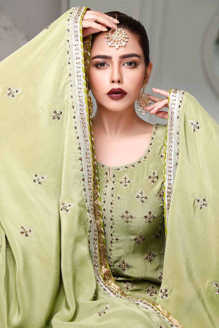 Pistachio, mehndi & mustard shirt set with tilla, mirror, and dupatta.