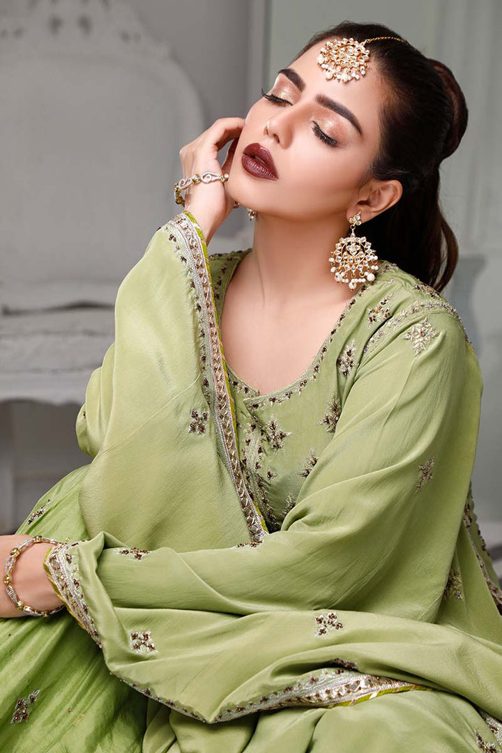 Pistachio, mehndi & mustard shirt set with tilla, mirror, and dupatta.