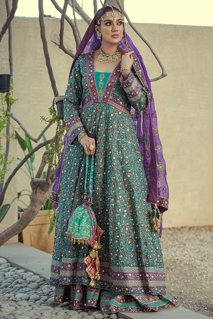 Sea Green & Ferozi Pure Silk Hand Block Printed Farshi Anarkali with Tilla & Mirror Work