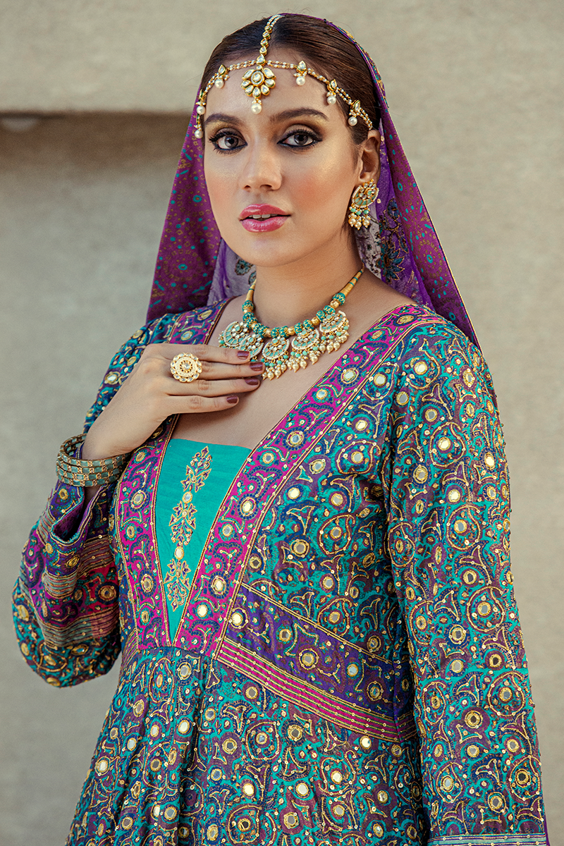 Sea Green & Ferozi Pure Silk Hand Block Printed Farshi Anarkali with Tilla & Mirror Work