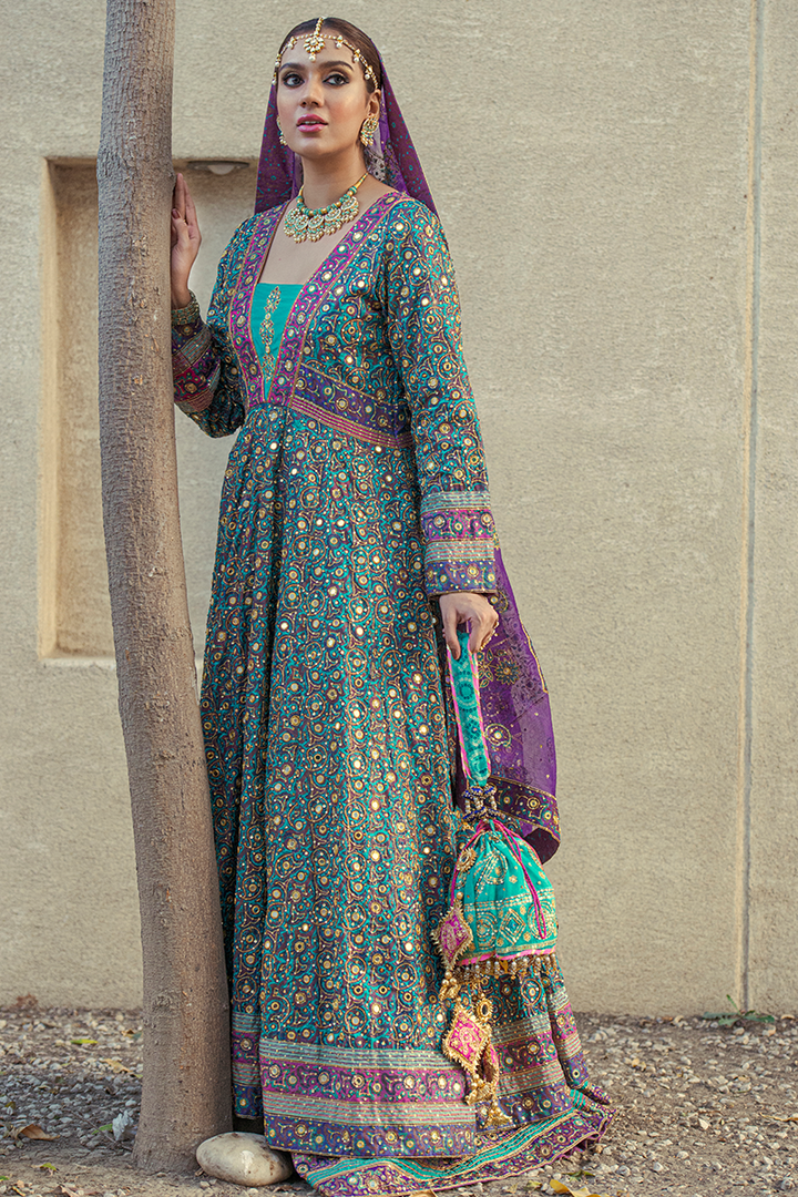 Sea Green & Ferozi Pure Silk Hand Block Printed Farshi Anarkali with Tilla & Mirror Work