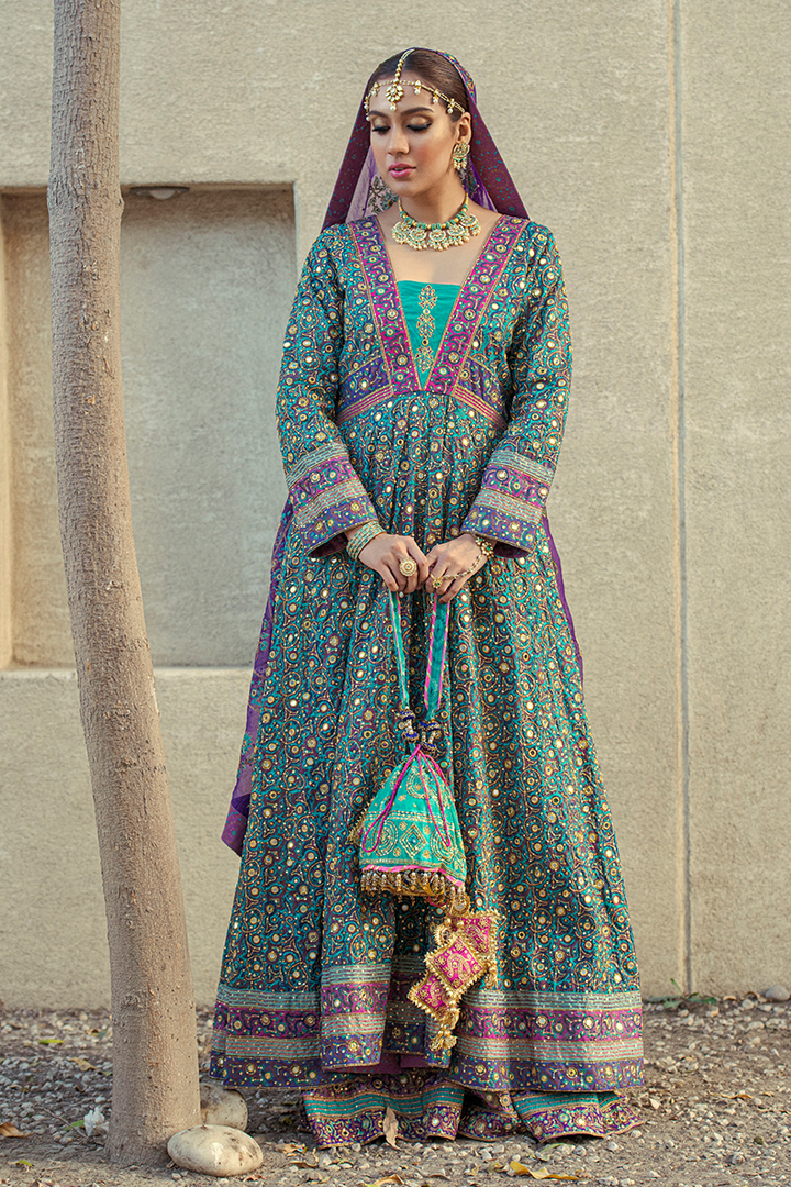 Sea Green & Ferozi Pure Silk Hand Block Printed Farshi Anarkali with Tilla & Mirror Work