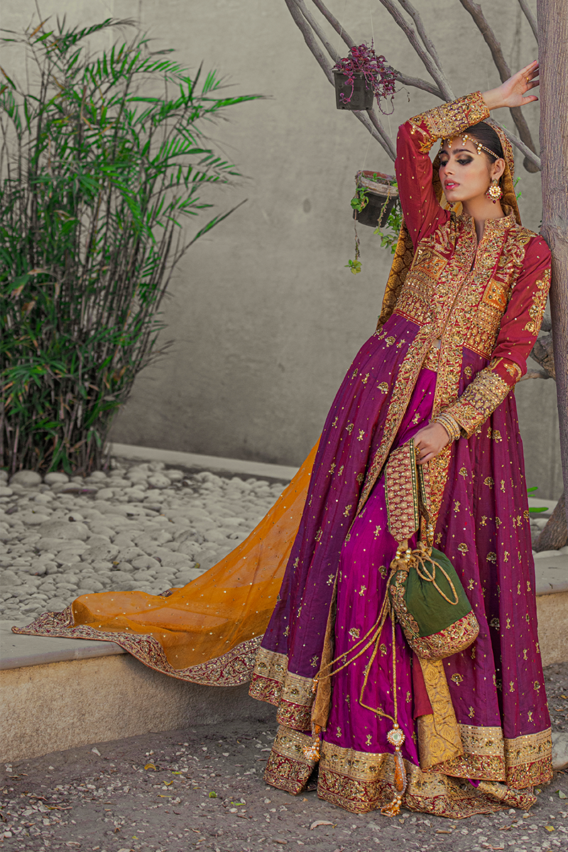 Magenta & Maroon Silk Front Open Anarkali with Zardozi, Aari & Stone Work