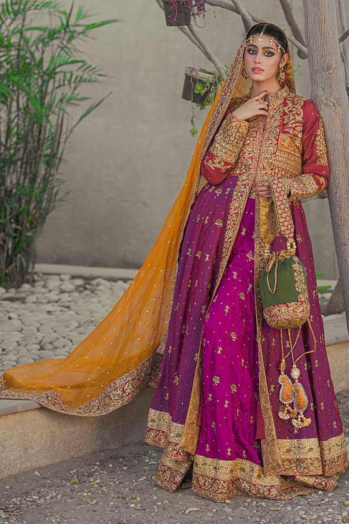 Magenta & Maroon Silk Front Open Anarkali with Zardozi, Aari & Stone Work