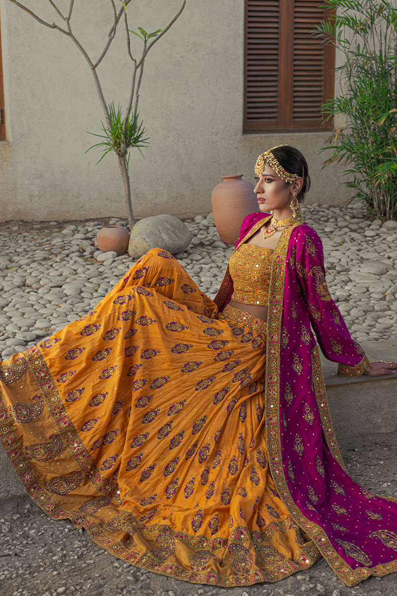 Fuchsia & Burnt Orange Pure Silk Floor-Length Front Open Coat with Tilla & Mirror Work
