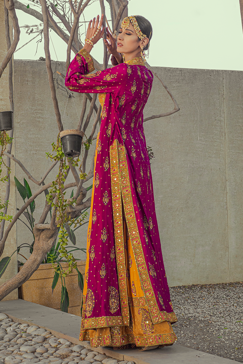 Fuchsia & Burnt Orange Pure Silk Floor-Length Front Open Coat with Tilla & Mirror Work