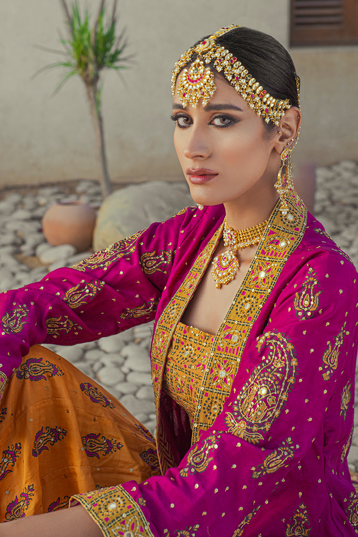 Fuchsia & Burnt Orange Pure Silk Floor-Length Front Open Coat with Tilla & Mirror Work