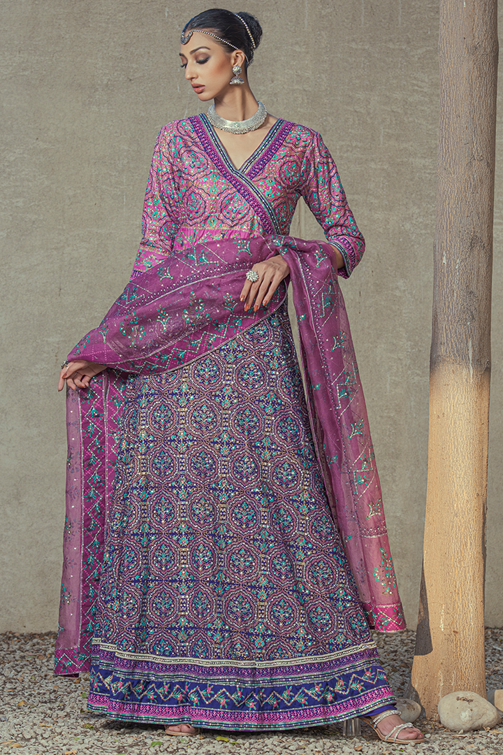 Deep Purple & Fuchsia Hand Block Print Anarkali with Tilla and Sequins Work
