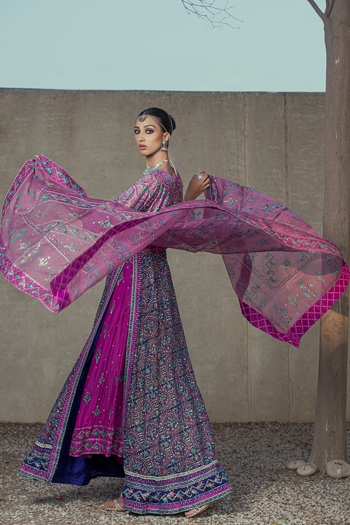 Deep Purple & Fuchsia Hand Block Print Anarkali with Tilla and Sequins Work