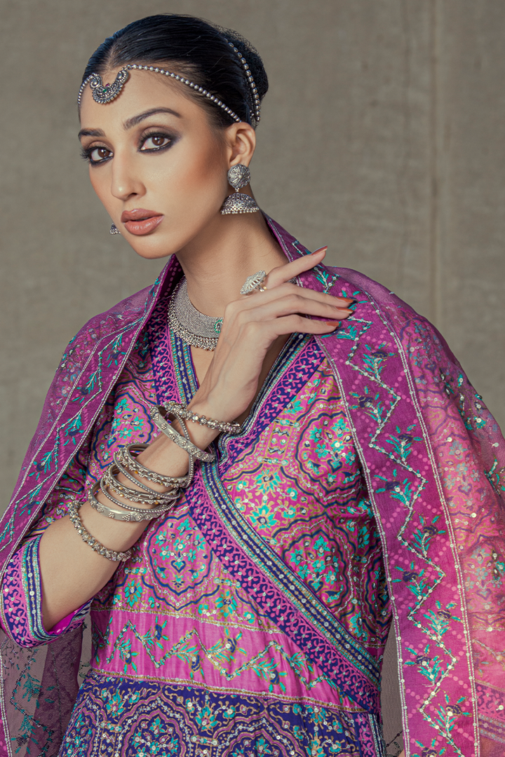 Deep Purple & Fuchsia Hand Block Print Anarkali with Tilla and Sequins Work