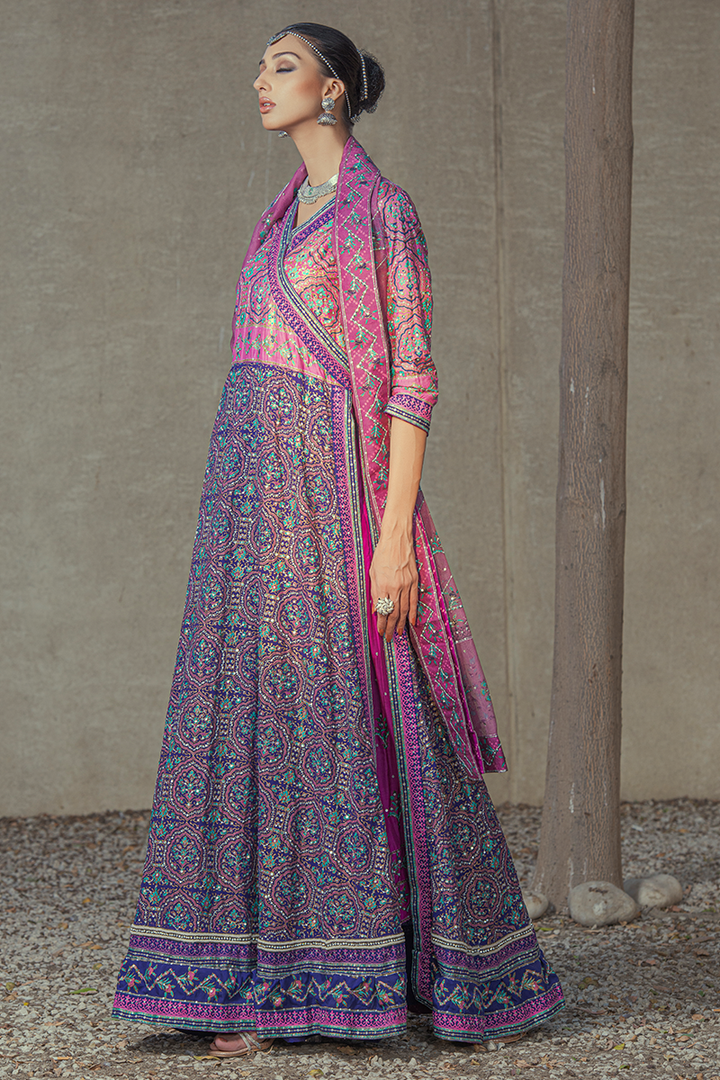 Deep Purple & Fuchsia Hand Block Print Anarkali with Tilla and Sequins Work