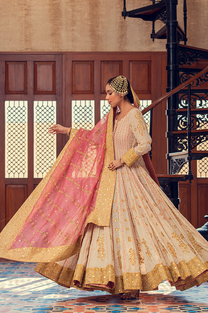 Ivory & Pink Floor-Length Kalidaar Hand Block Printed Chanderi Lawn with Gold Embroidery