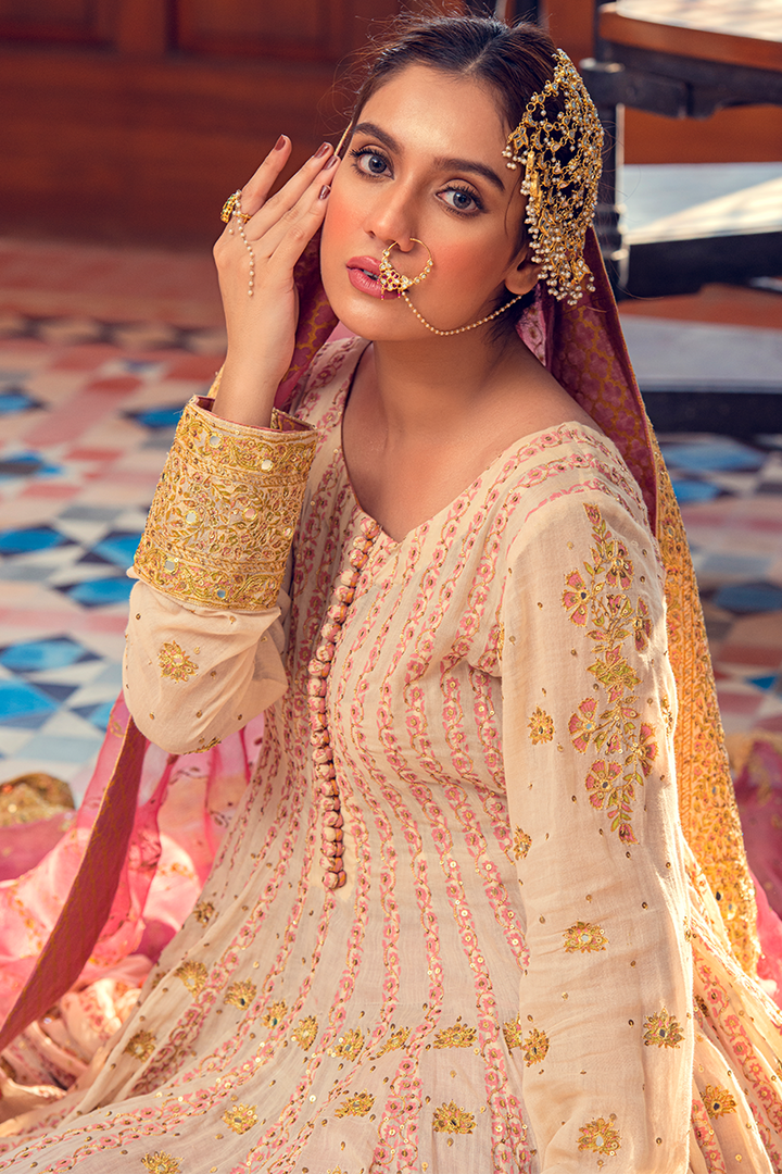 Ivory & Pink Floor-Length Kalidaar Hand Block Printed Chanderi Lawn with Gold Embroidery