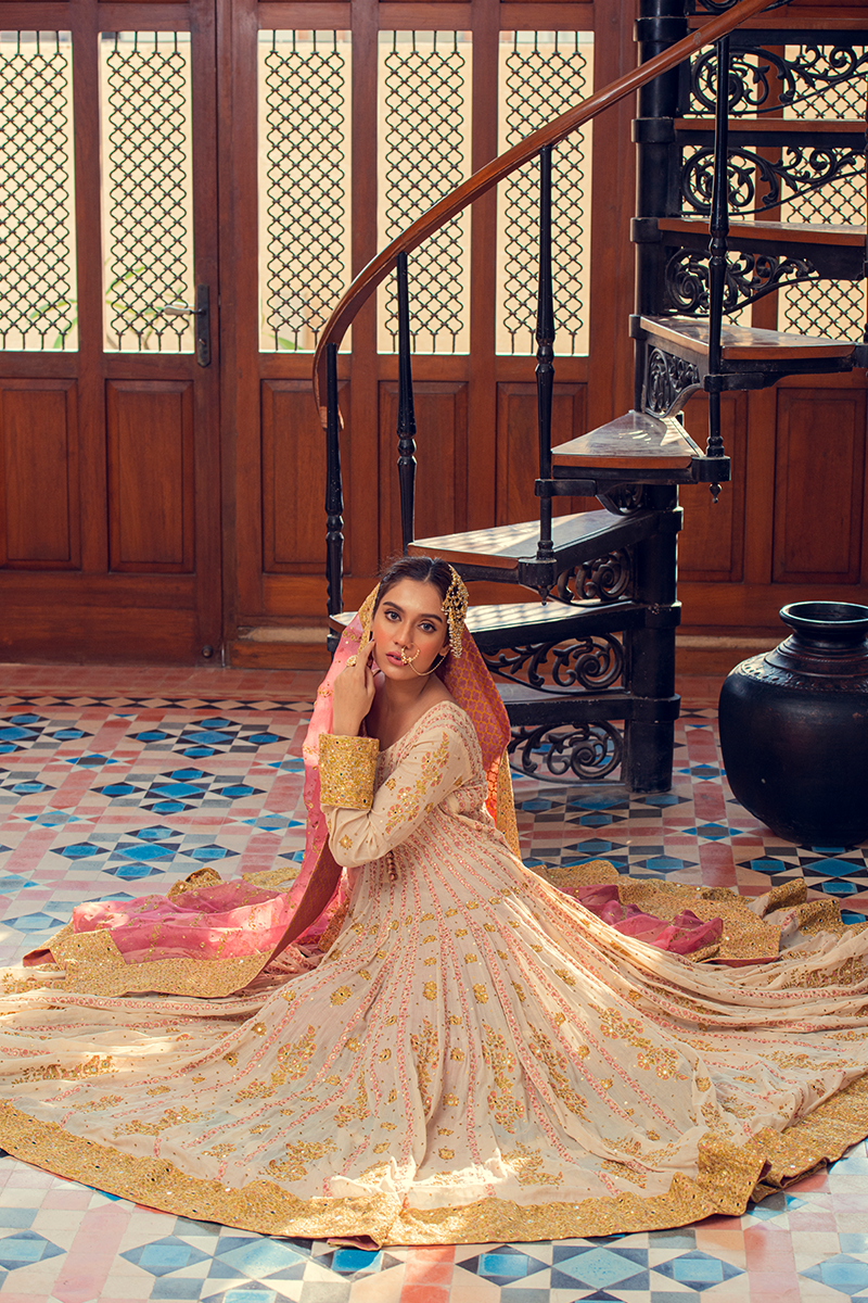 Ivory & Pink Floor-Length Kalidaar Hand Block Printed Chanderi Lawn with Gold Embroidery