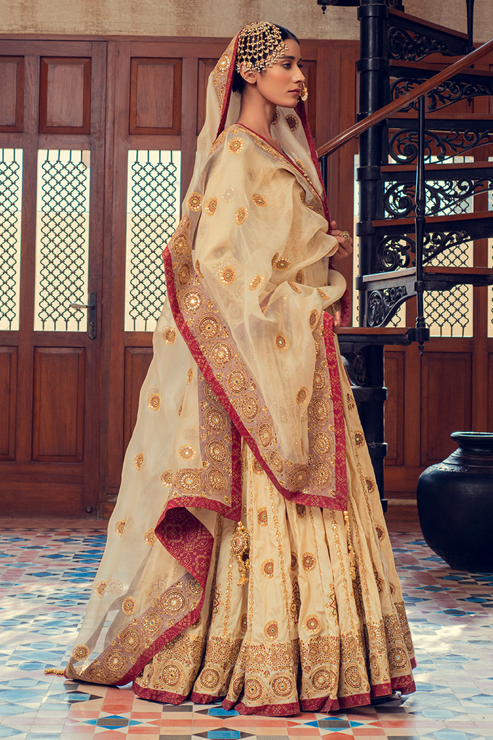 Ivory & Maroon Hand Blocked Farshi Kalidaar on Chanderi Lawn with Mirror & Sequins