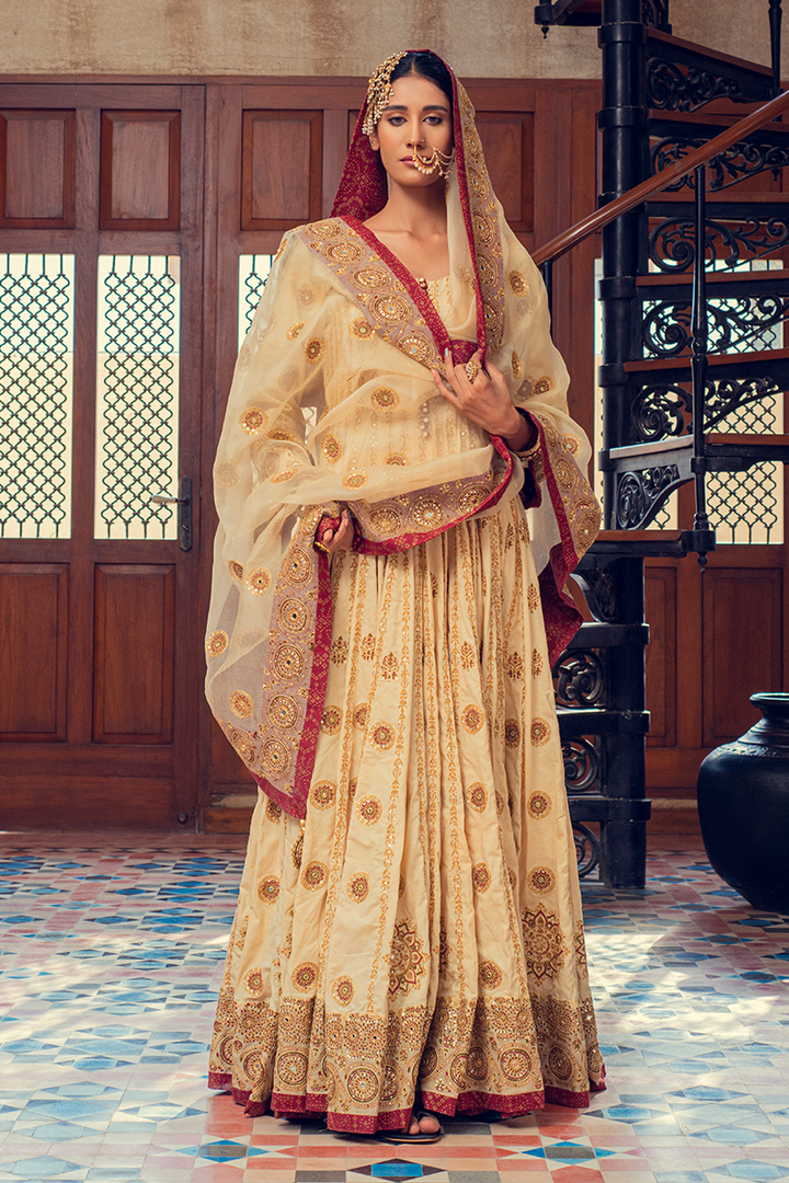 Ivory & Maroon Hand Blocked Farshi Kalidaar on Chanderi Lawn with Mirror & Sequins