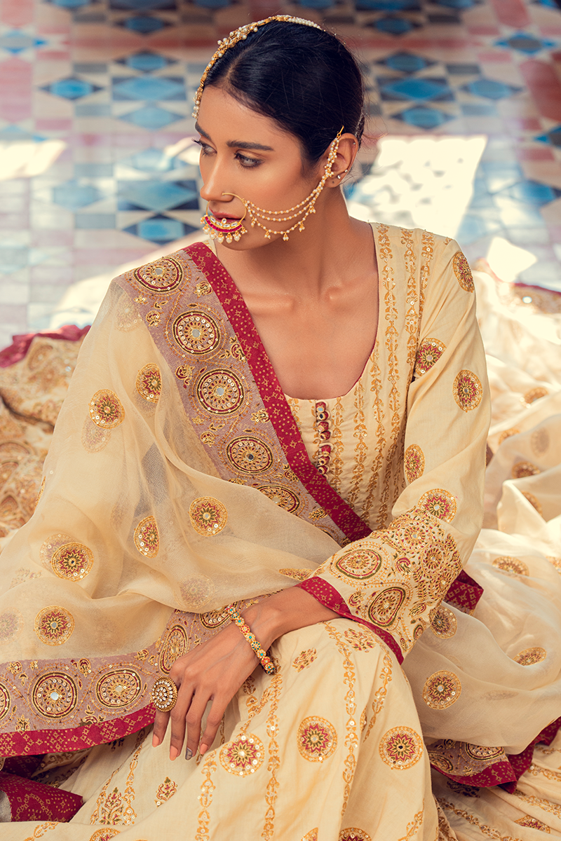 Ivory & Maroon Hand Blocked Farshi Kalidaar on Chanderi Lawn with Mirror & Sequins