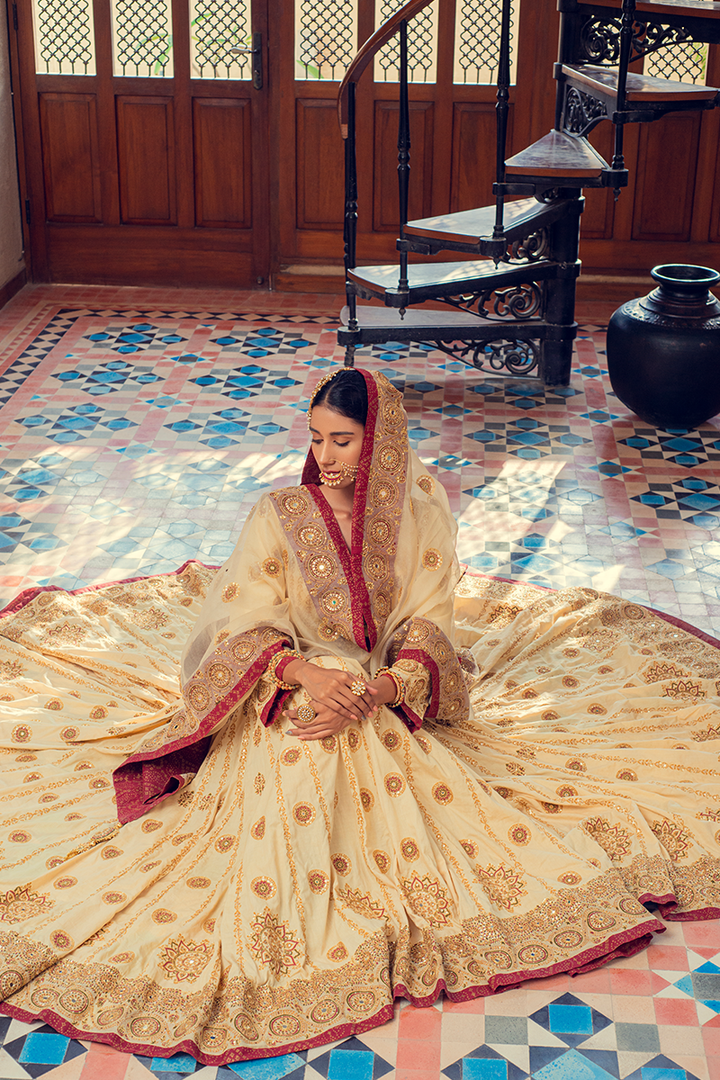 Ivory & Maroon Hand Blocked Farshi Kalidaar on Chanderi Lawn with Mirror & Sequins