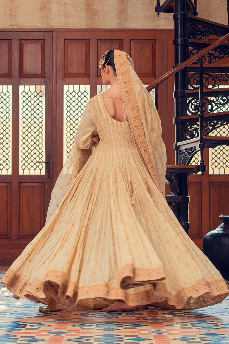 Ivory Multi-Kali Pure Chanderi Lawn with Dull Gold Tilla and Red Resham Work