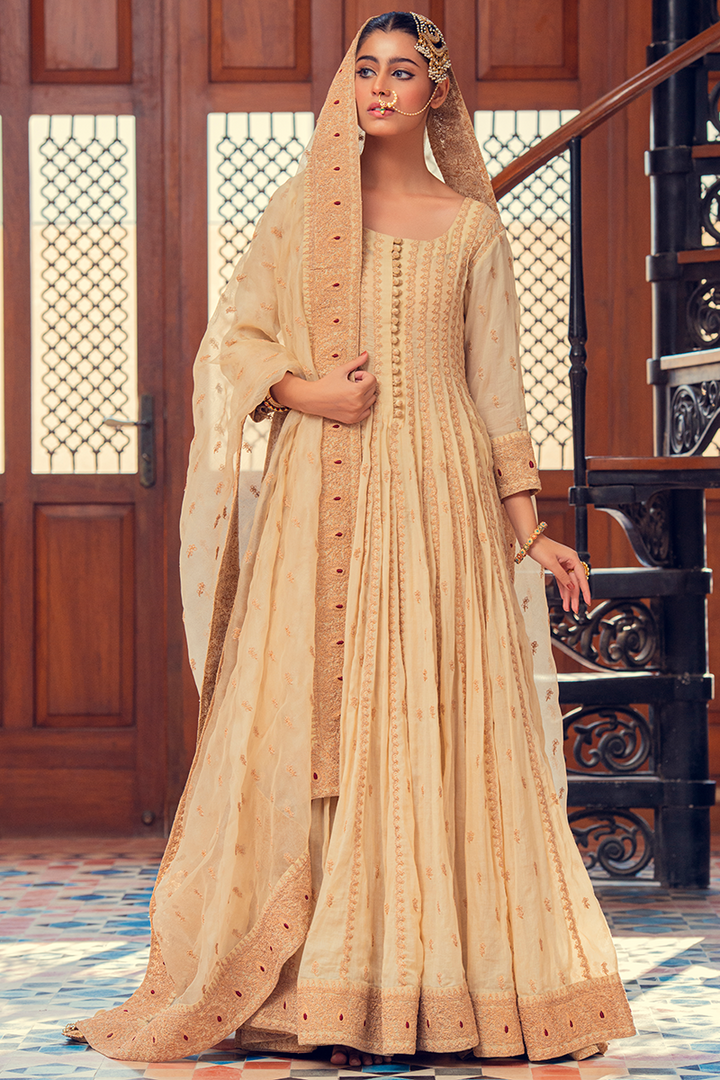 Ivory Multi-Kali Pure Chanderi Lawn with Dull Gold Tilla and Red Resham Work