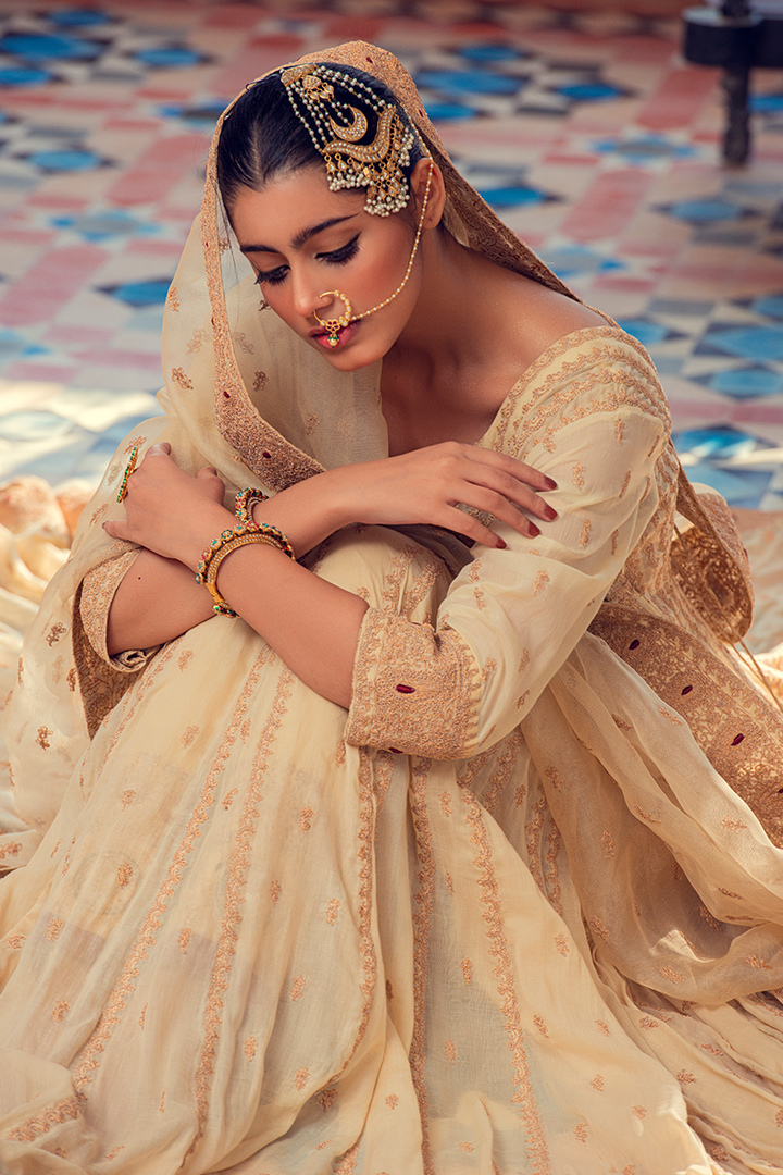 Ivory Multi-Kali Pure Chanderi Lawn with Dull Gold Tilla and Red Resham Work