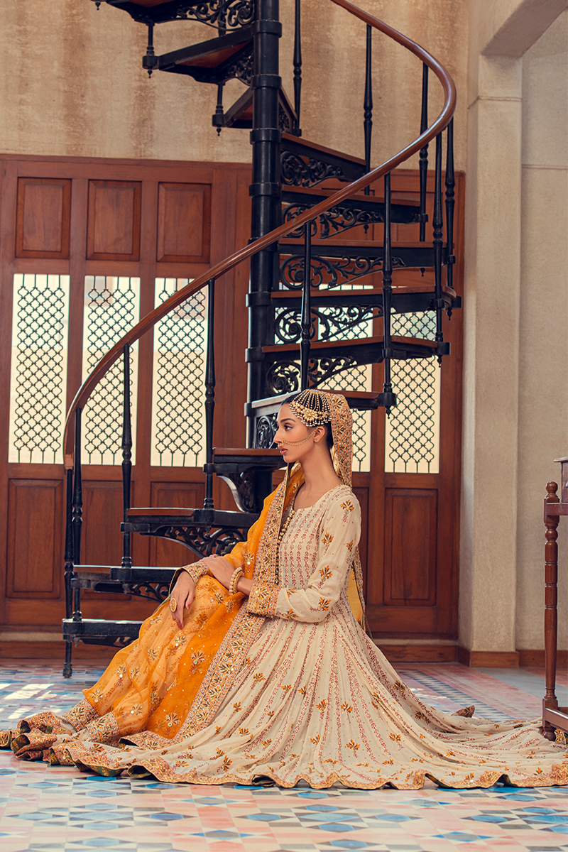 Ivory Mustard & Mehndi Green Farshi Khalidar Chanderi Lawn with Dull Gold Embroidery