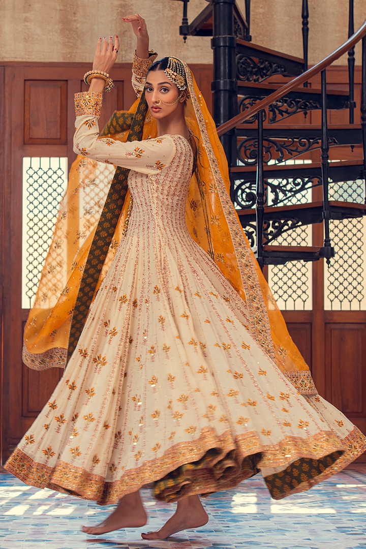 Ivory Mustard & Mehndi Green Farshi Khalidar Chanderi Lawn with Dull Gold Embroidery