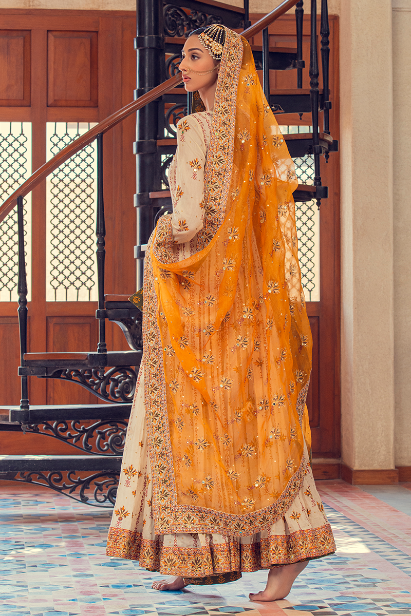 Ivory Mustard & Mehndi Green Farshi Khalidar Chanderi Lawn with Dull Gold Embroidery