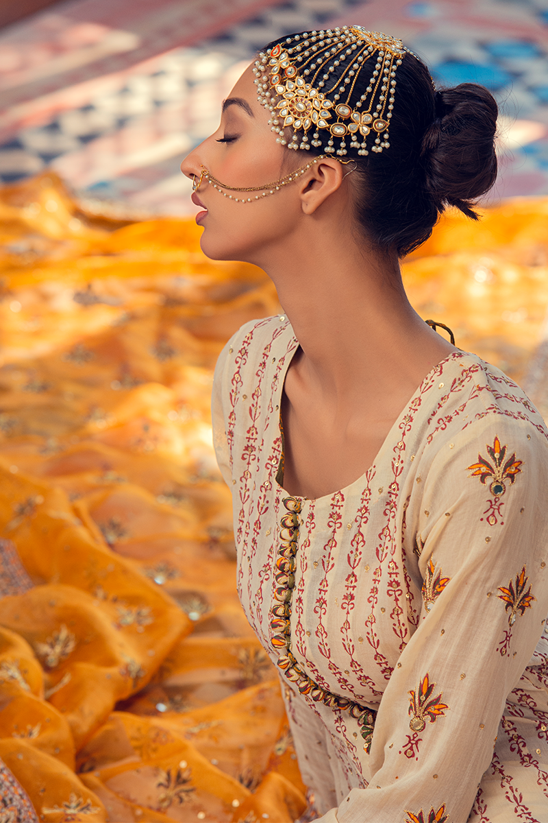 Ivory Mustard & Mehndi Green Farshi Khalidar Chanderi Lawn with Dull Gold Embroidery