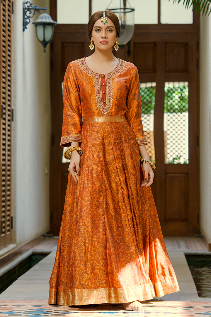Floor-Length Land Block Printed Silk Anarkali with Resham, Tilla & Sequins Work