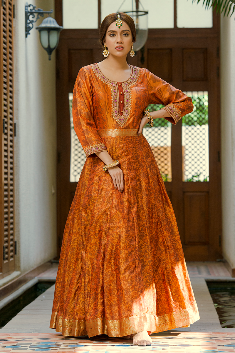 Floor-Length Land Block Printed Silk Anarkali with Resham, Tilla & Sequins Work