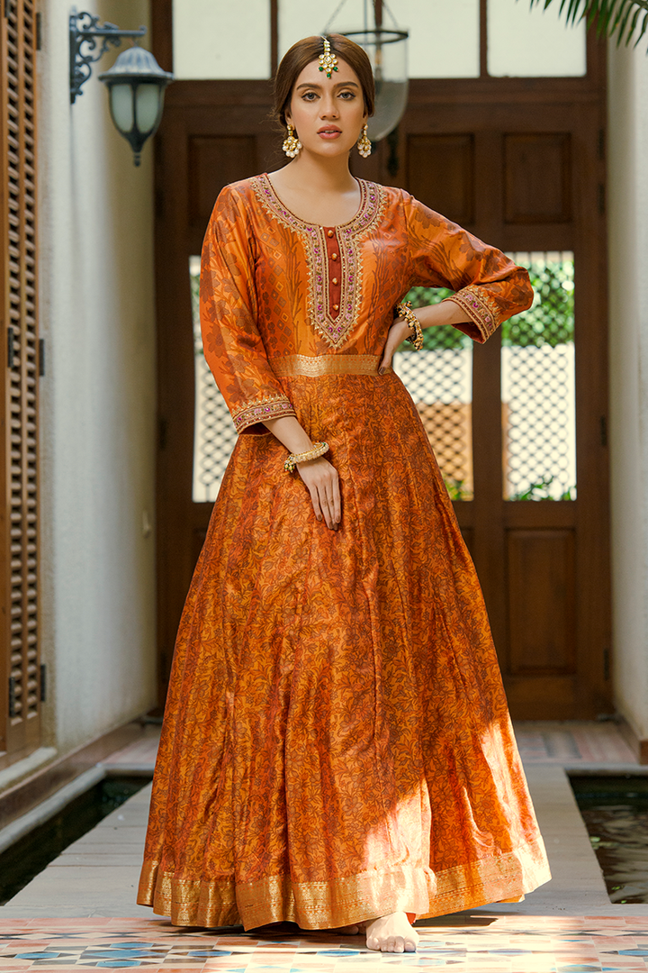Floor-Length Land Block Printed Silk Anarkali with Resham, Tilla & Sequins Work