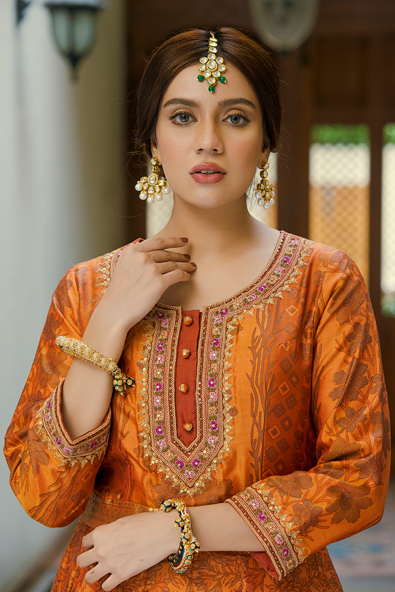 Floor-Length Land Block Printed Silk Anarkali with Resham, Tilla & Sequins Work