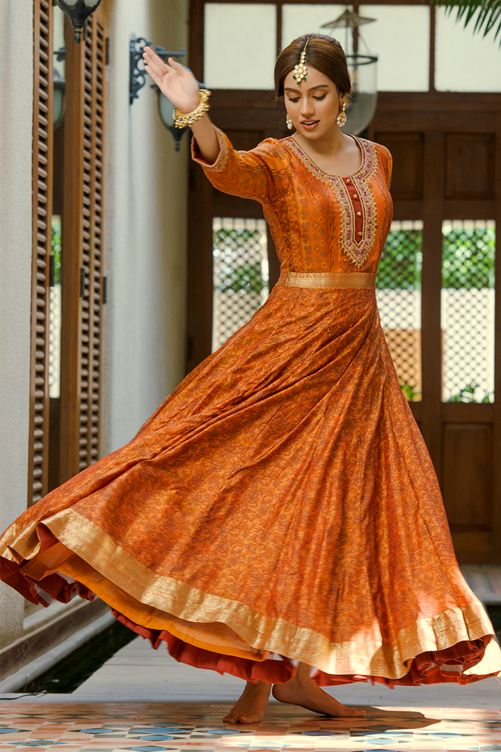Floor-Length Land Block Printed Silk Anarkali with Resham, Tilla & Sequins Work