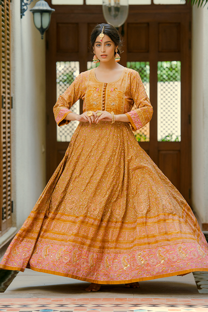 Salmon Pink & Coffee Brown Pure Silk Floor-Length Anarkali with Resham & Sequins