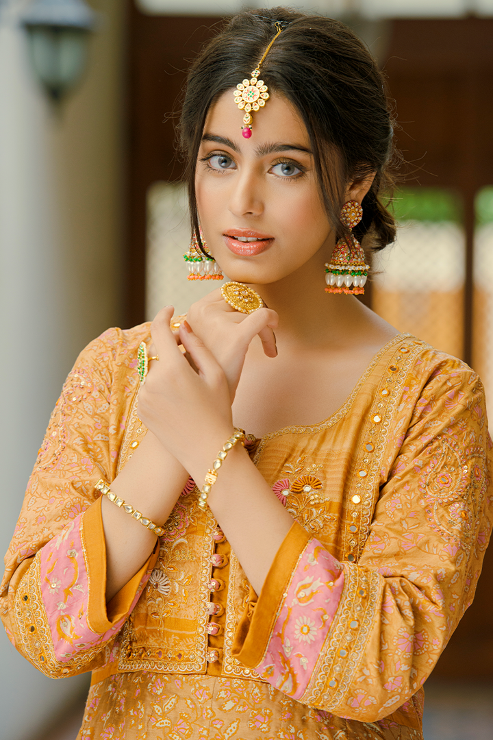 Salmon Pink & Coffee Brown Pure Silk Floor-Length Anarkali with Resham & Sequins