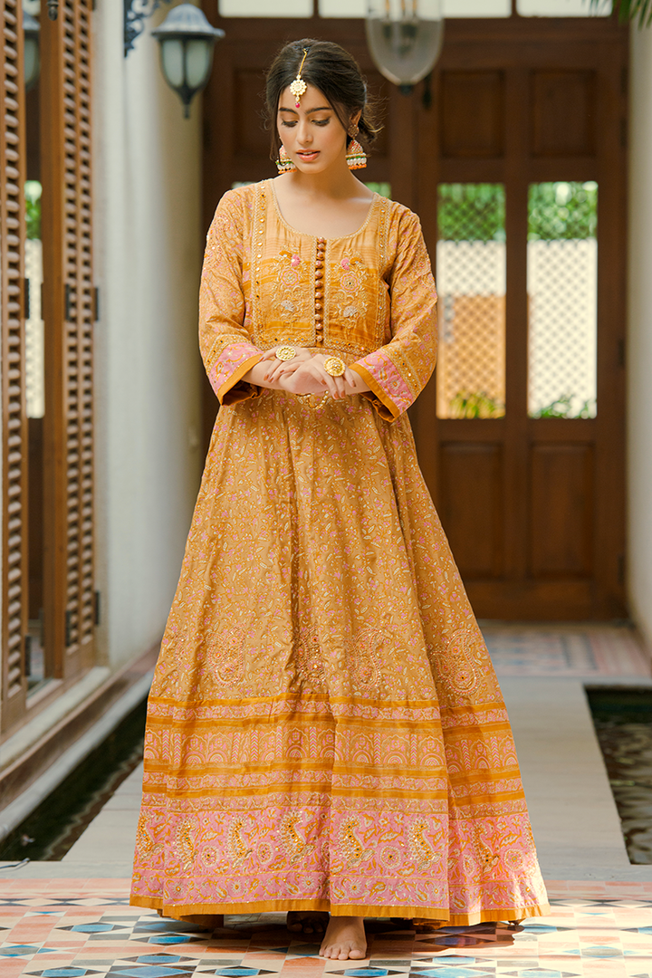 Salmon Pink & Coffee Brown Pure Silk Floor-Length Anarkali with Resham & Sequins