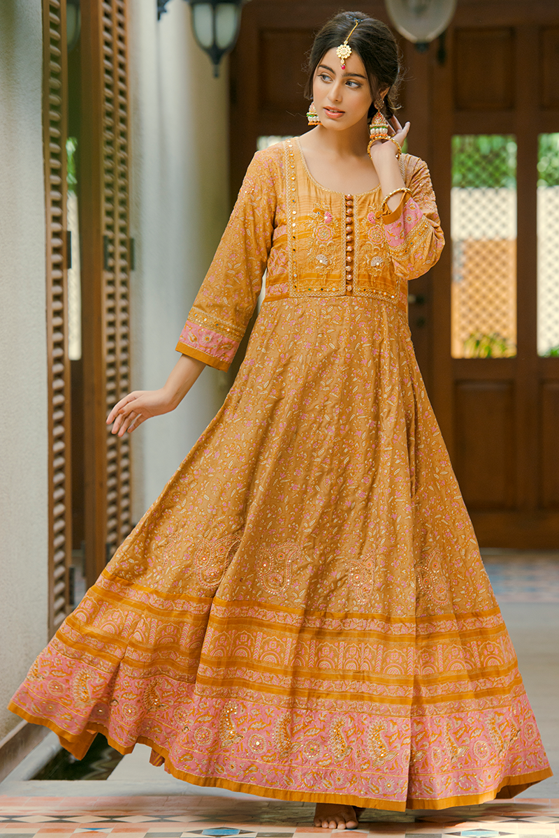 Salmon Pink & Coffee Brown Pure Silk Floor-Length Anarkali with Resham & Sequins