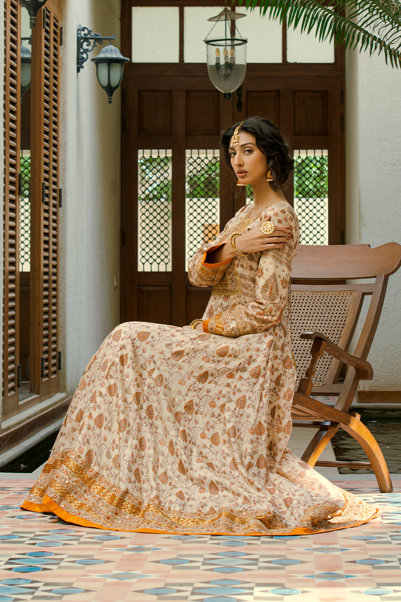 Off-White Pure Silk Floor-Length Hand Block Printed Anarkali with Resham & Sheesha