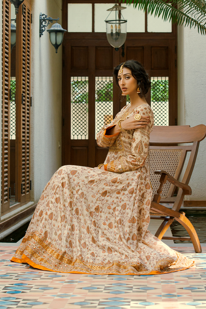 Off-White Pure Silk Floor-Length Hand Block Printed Anarkali with Resham & Sheesha