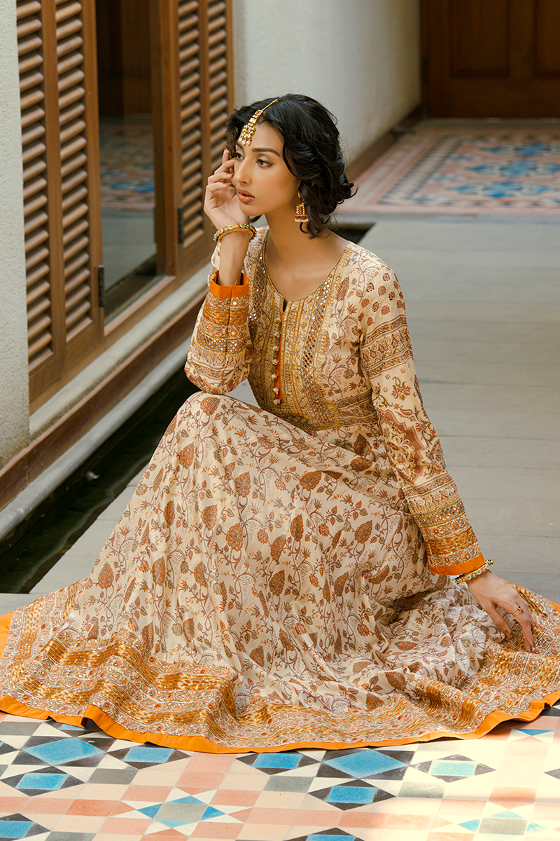 Off-White Pure Silk Floor-Length Hand Block Printed Anarkali with Resham & Sheesha