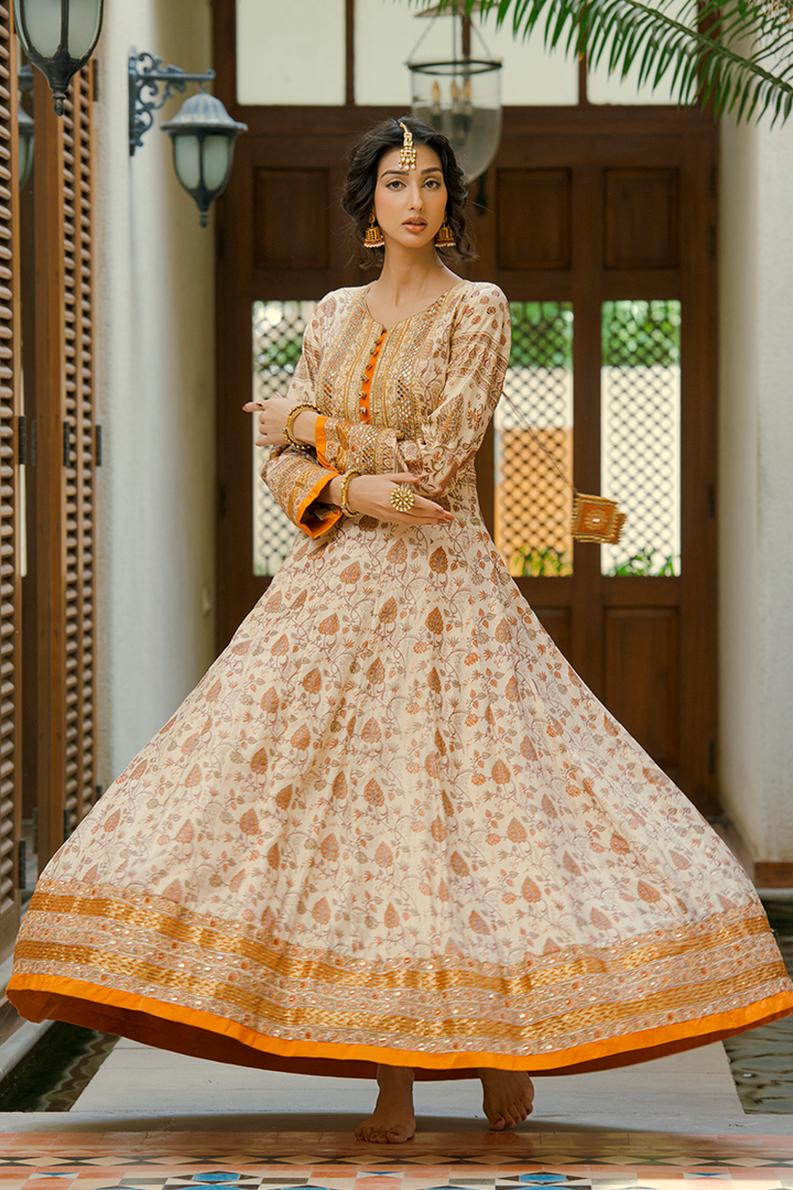 Off-White Pure Silk Floor-Length Hand Block Printed Anarkali with Resham & Sheesha
