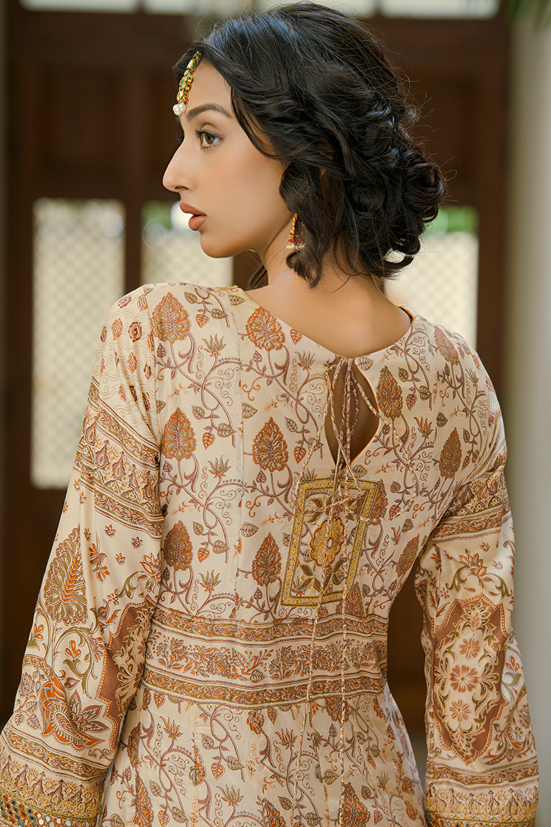 Off-White Pure Silk Floor-Length Hand Block Printed Anarkali with Resham & Sheesha