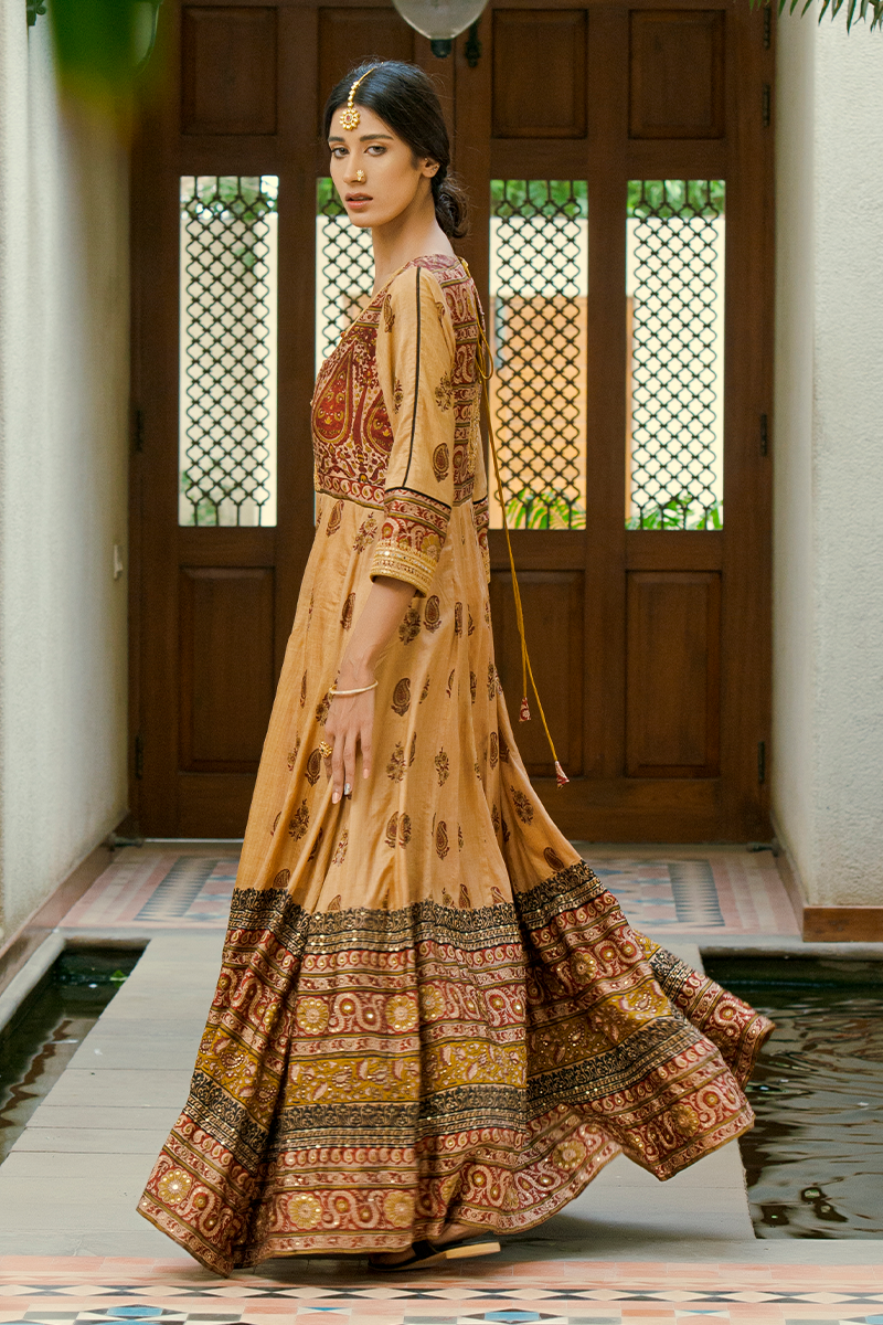 Coffee Brown Floor-Length Hand Block Printed Anarkali with Mirror, Sequins & Marori
