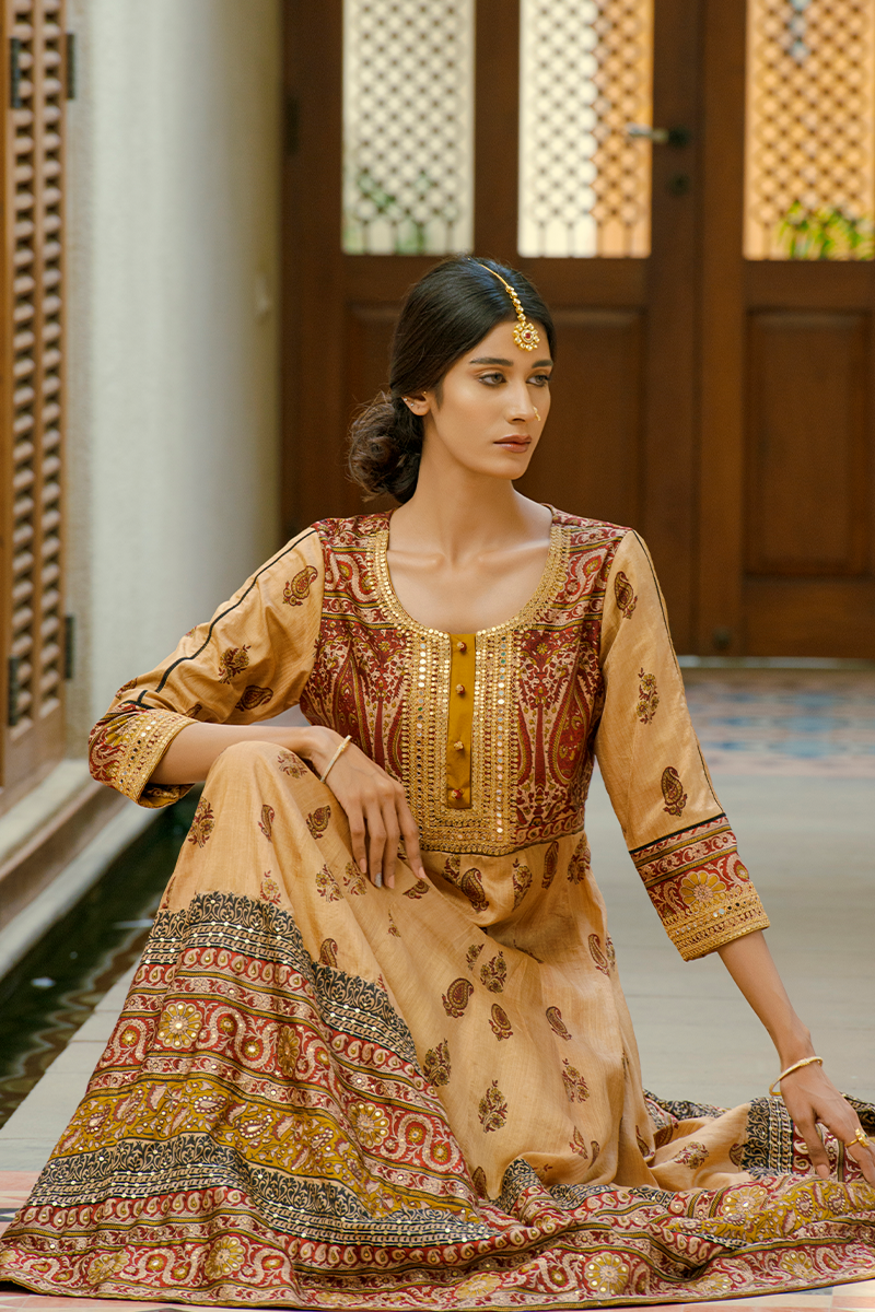 Coffee Brown Floor-Length Hand Block Printed Anarkali with Mirror, Sequins & Marori